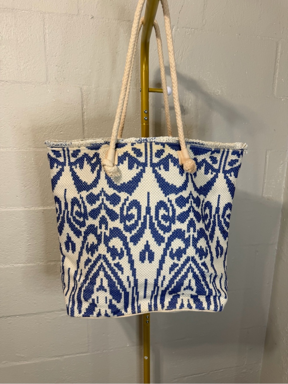 Love Stitch Blue and White Woven Rope-Handle Tote